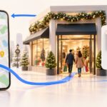 Illustration of a smartphone map linked to a holiday storefront with shoppers and an in-store sales dashboard.