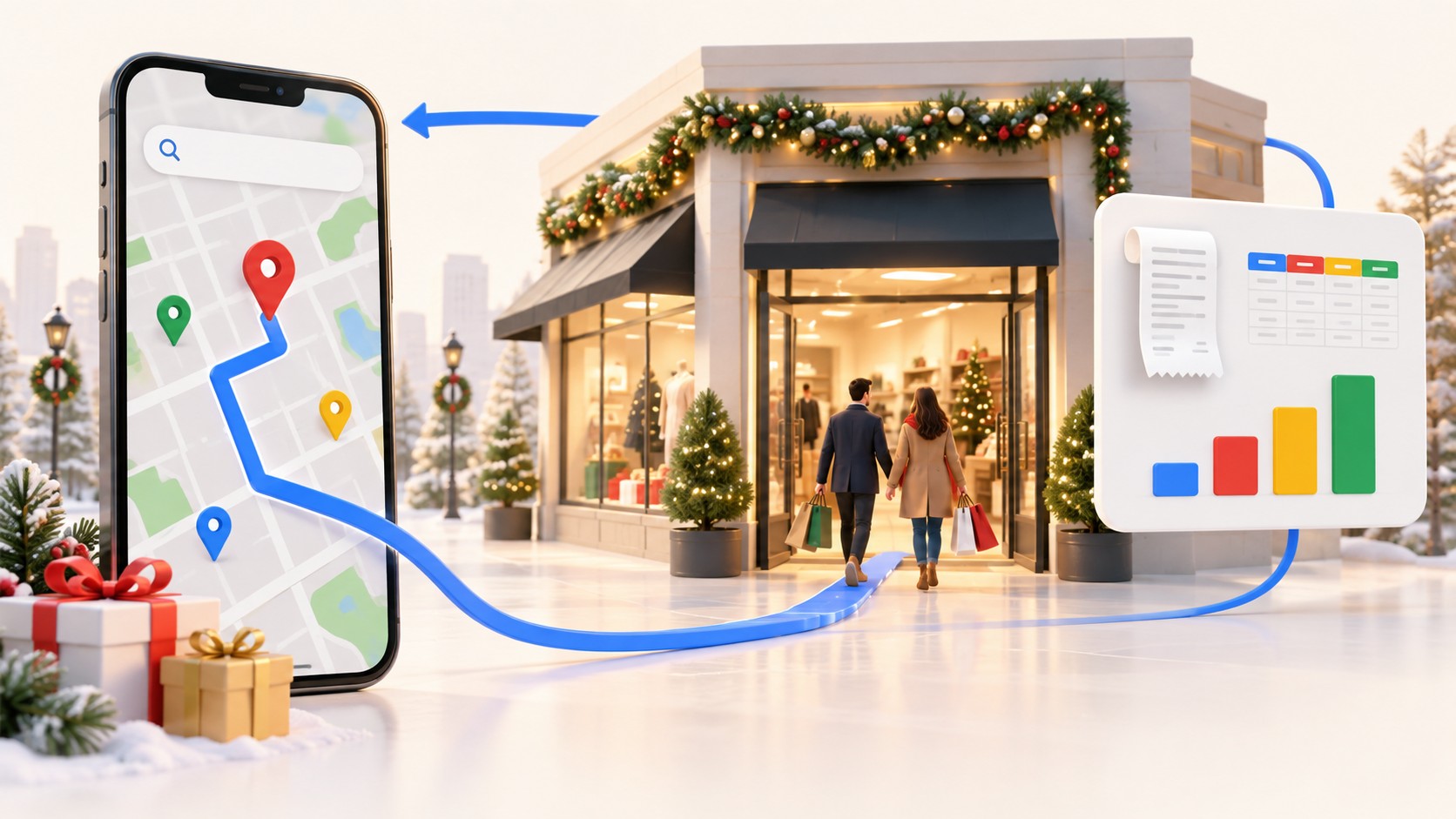Illustration of a smartphone map linked to a holiday storefront with shoppers and an in-store sales dashboard.